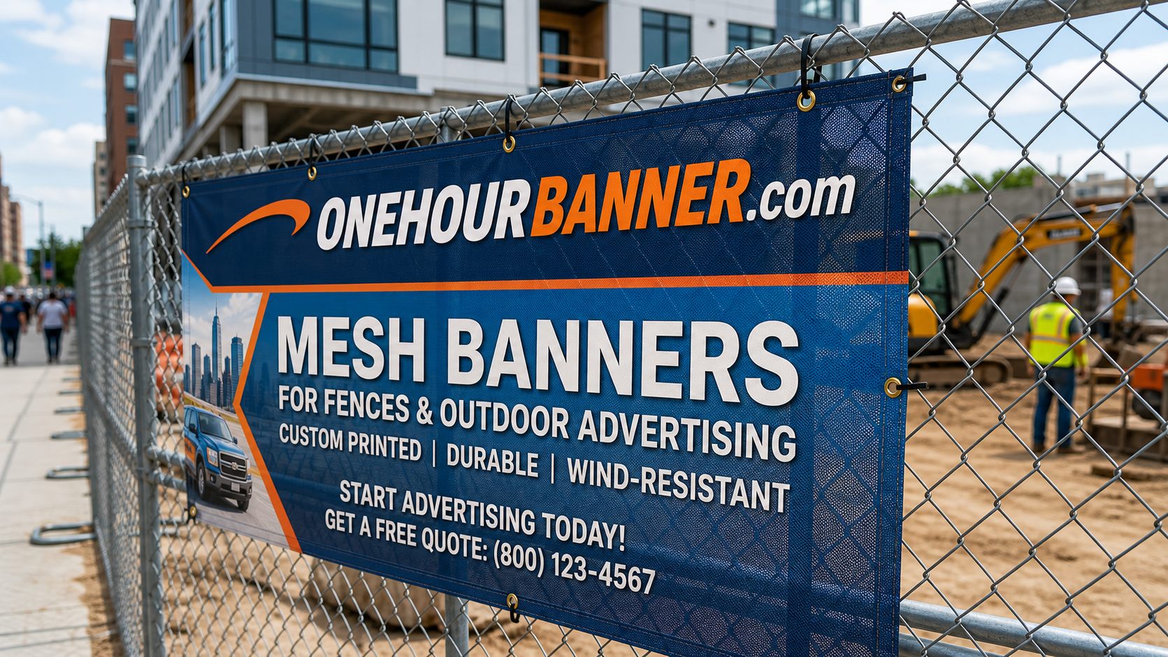 Custom mesh fence banner at construction site with ONEHOURBANNER.com branding
