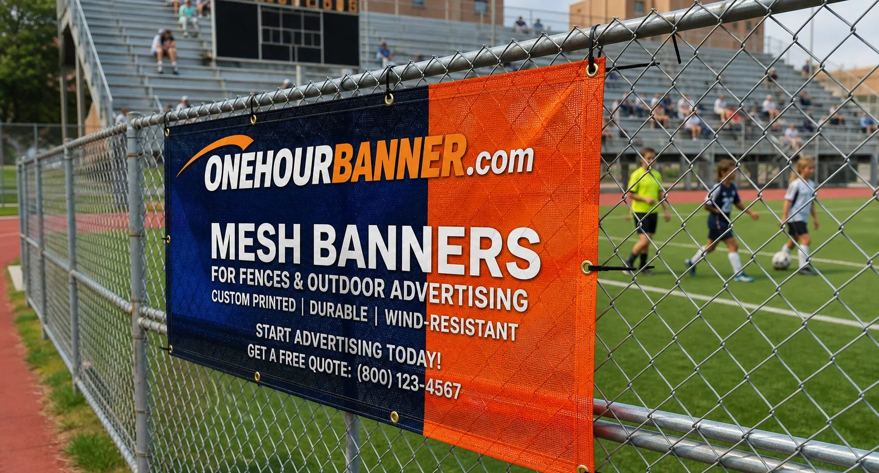 Custom mesh banner on soccer field chain link fence from ONEHOURBANNER.com