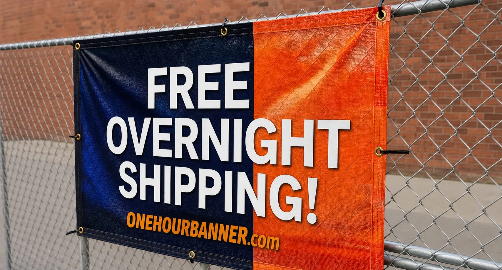 Mesh fence banner reading Free Overnight Shipping printed by ONEHOURBANNER.com