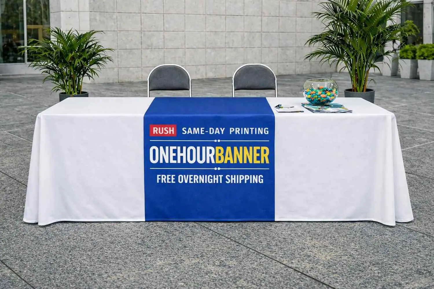 OneHourBanner table runner — white tablecloth