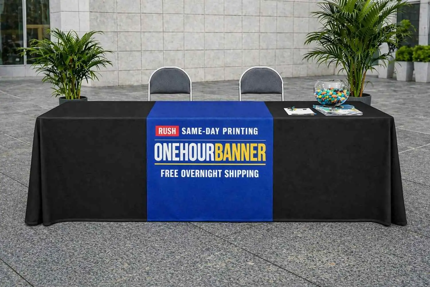 OneHourBanner table runner — black tablecloth