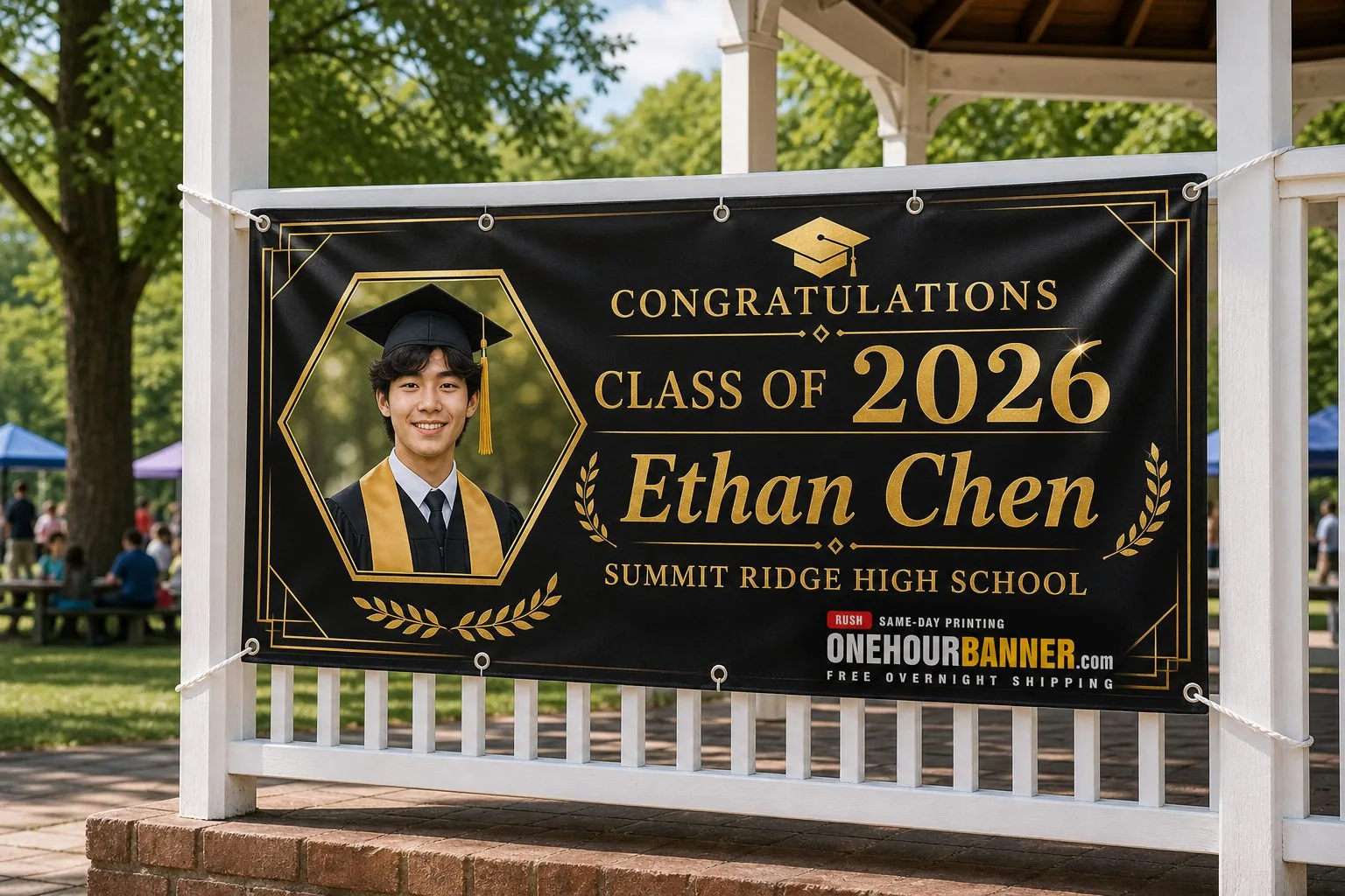 Custom graduation banner for outdoor celebrations — same-day printing OneHourBanner