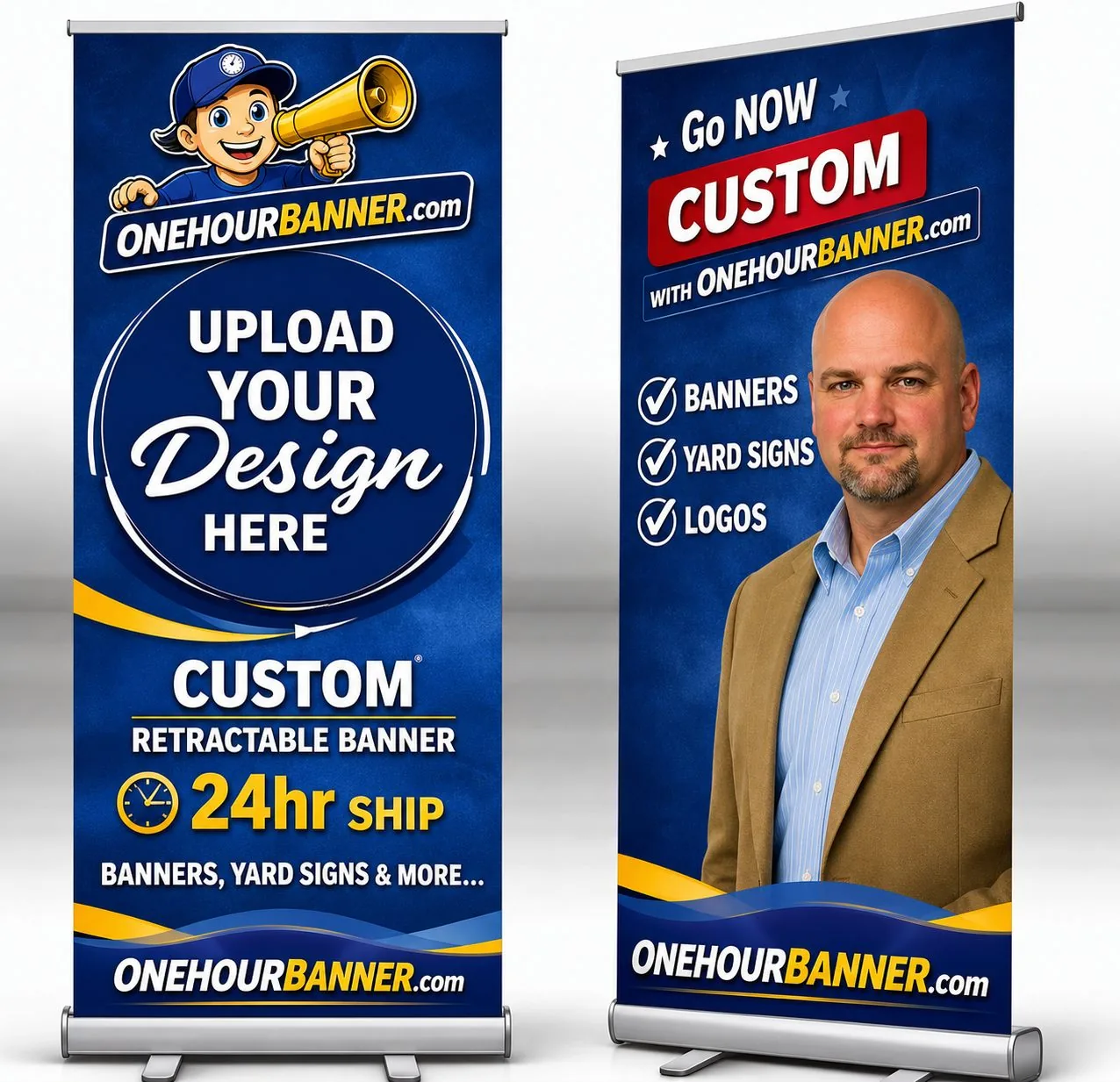 Custom pull-up banners printed same day by OneHourBanner — 24hr shipping