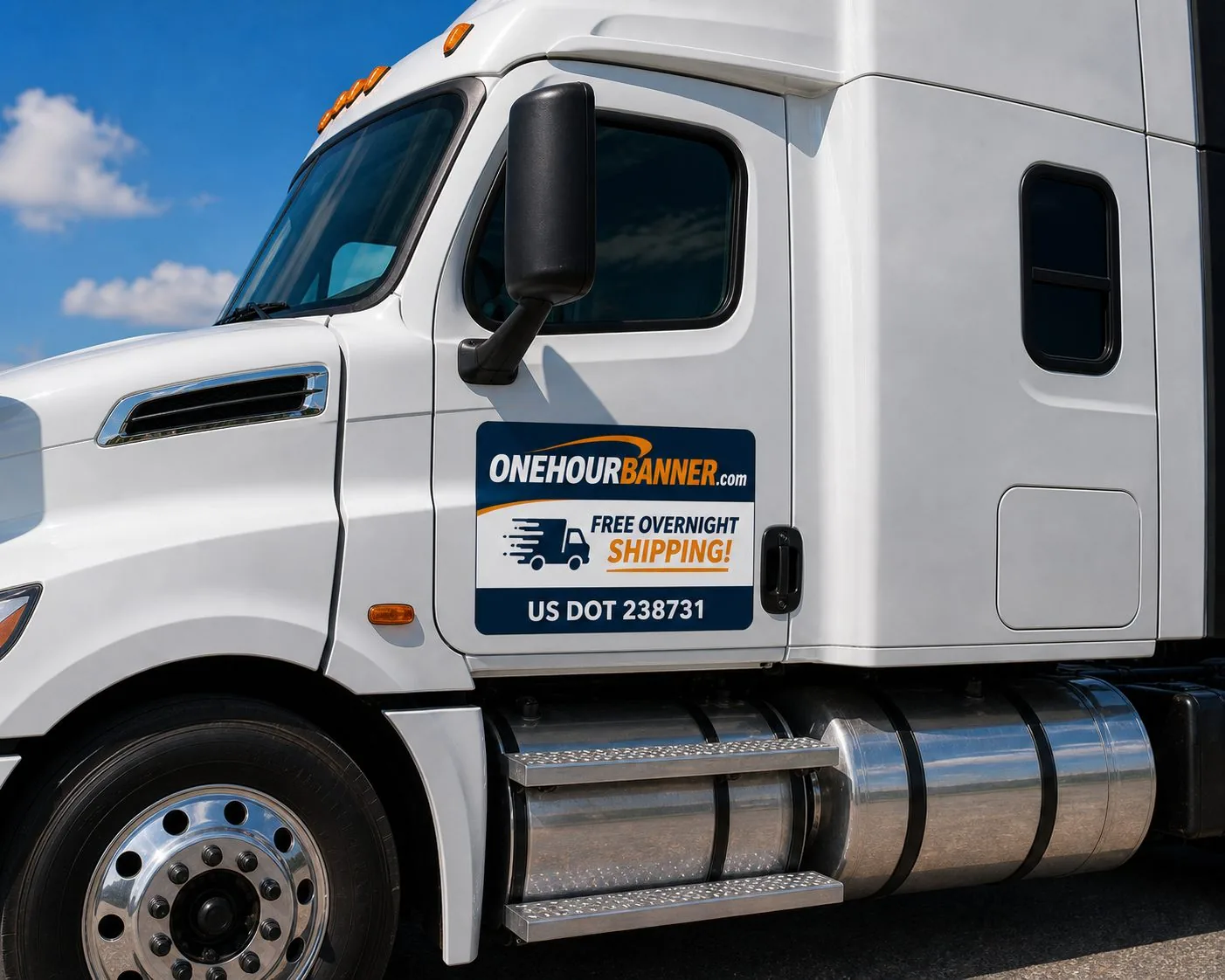 Custom semi truck door magnet printed by OneHourBanner — free overnight shipping