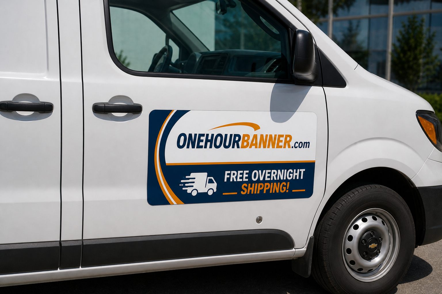 Custom van door magnet with ONEHOURBANNER.com branding — rush printing