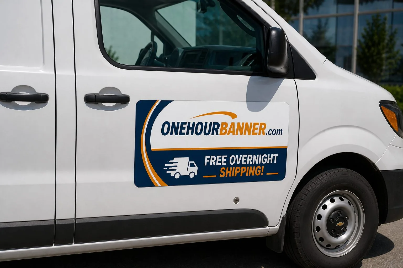 Custom van door magnet with ONEHOURBANNER.com branding — rush printing