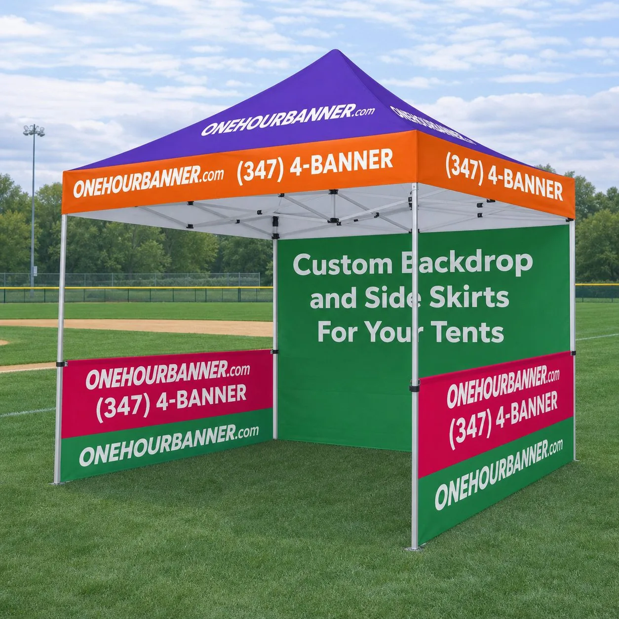Colorful custom pop-up tent banners printed same day by OneHourBanner