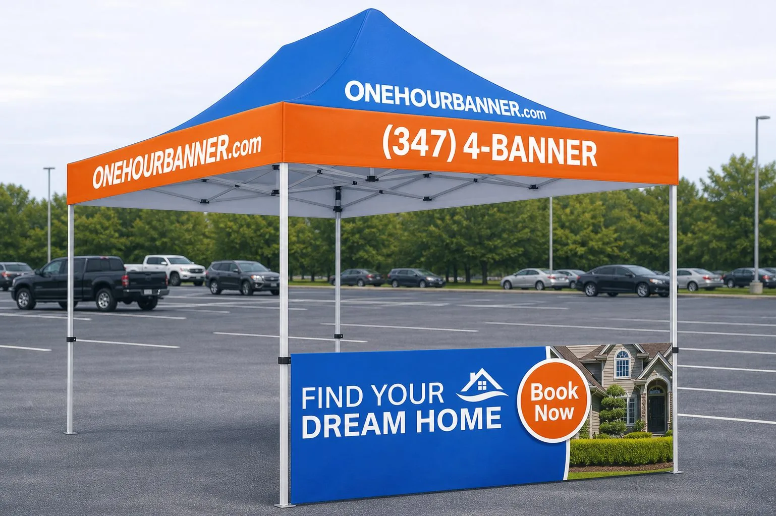 10x10 custom tent with orange and blue canopy printing OneHourBanner