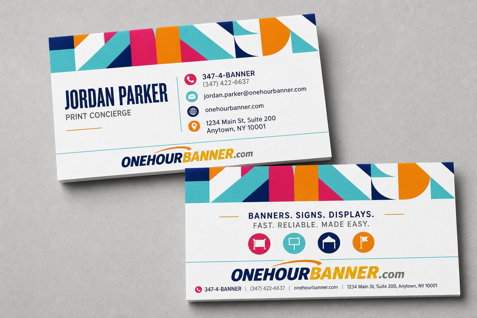 Colorful custom business cards printed by OneHourBanner — overnight shipping