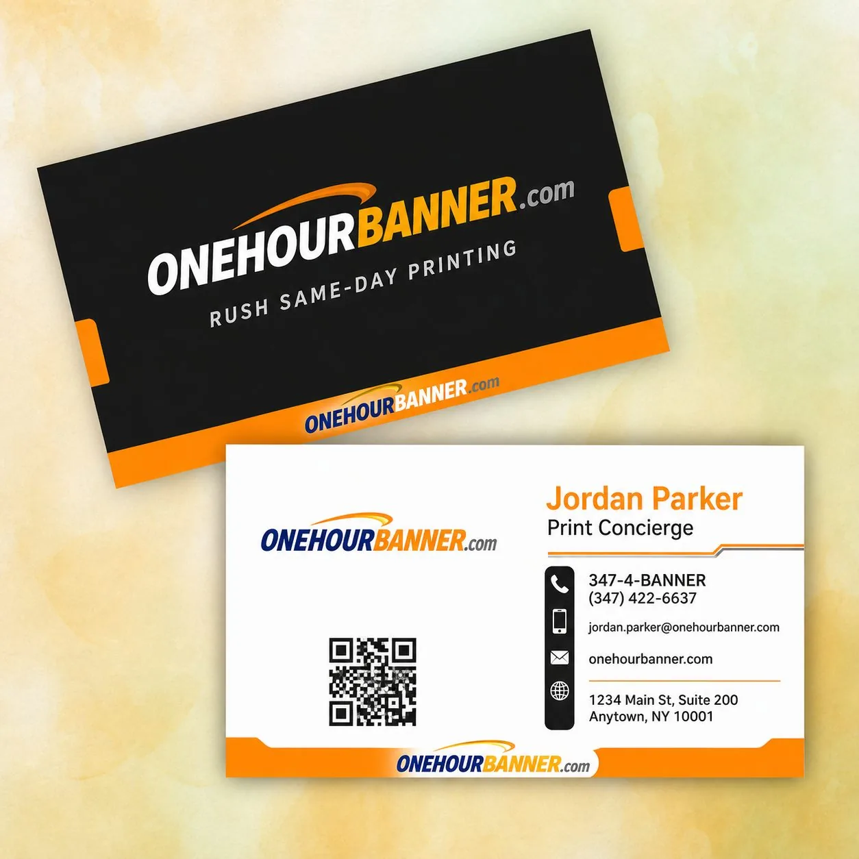 OneHourBanner custom business cards with QR code — rush printing