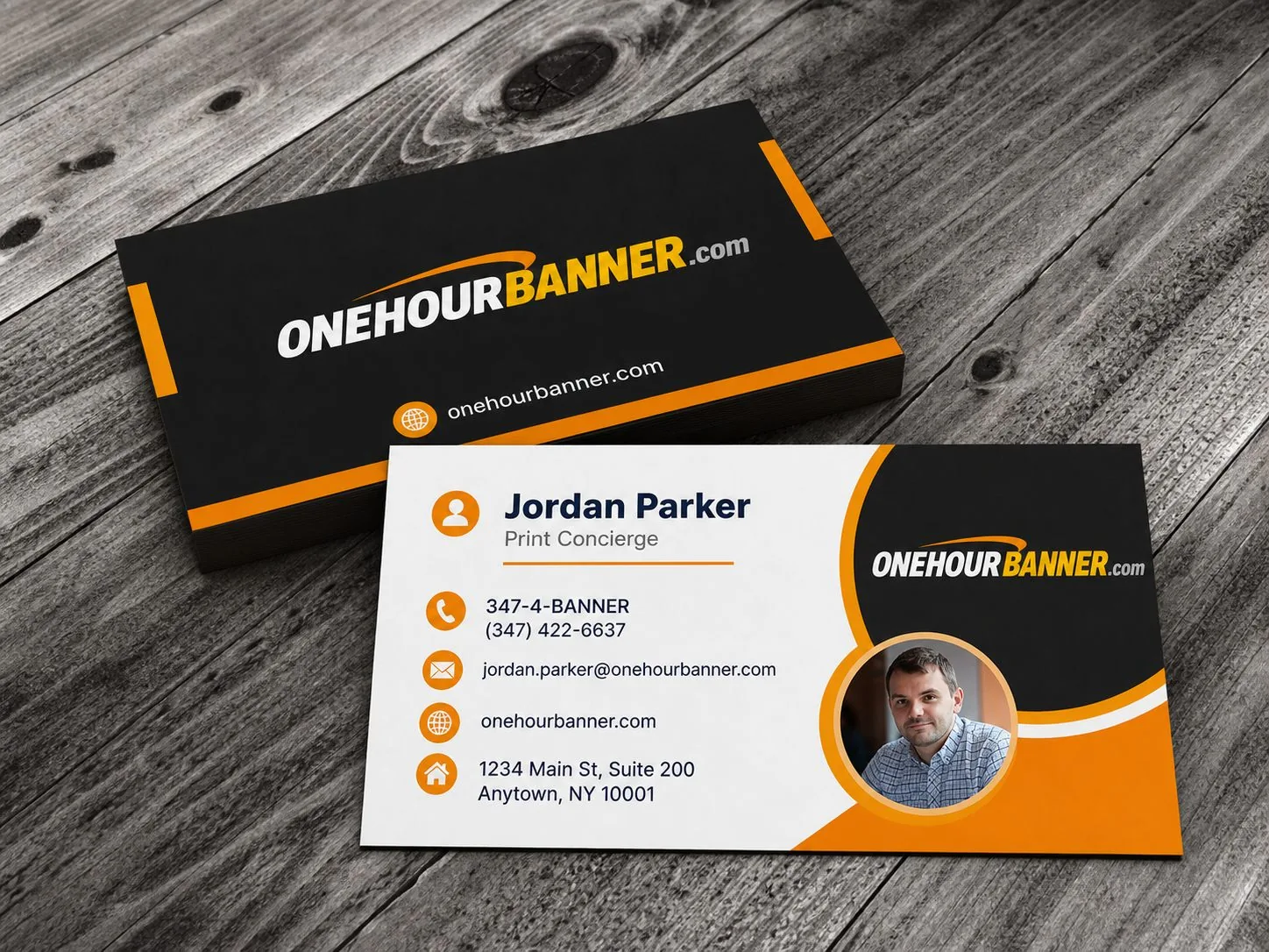 Custom full-color business cards with ONEHOURBANNER.com logo — same-day printing