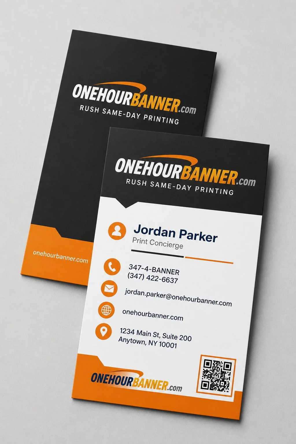Custom vertical business cards with ONEHOURBANNER.com branding — 16pt cardstock