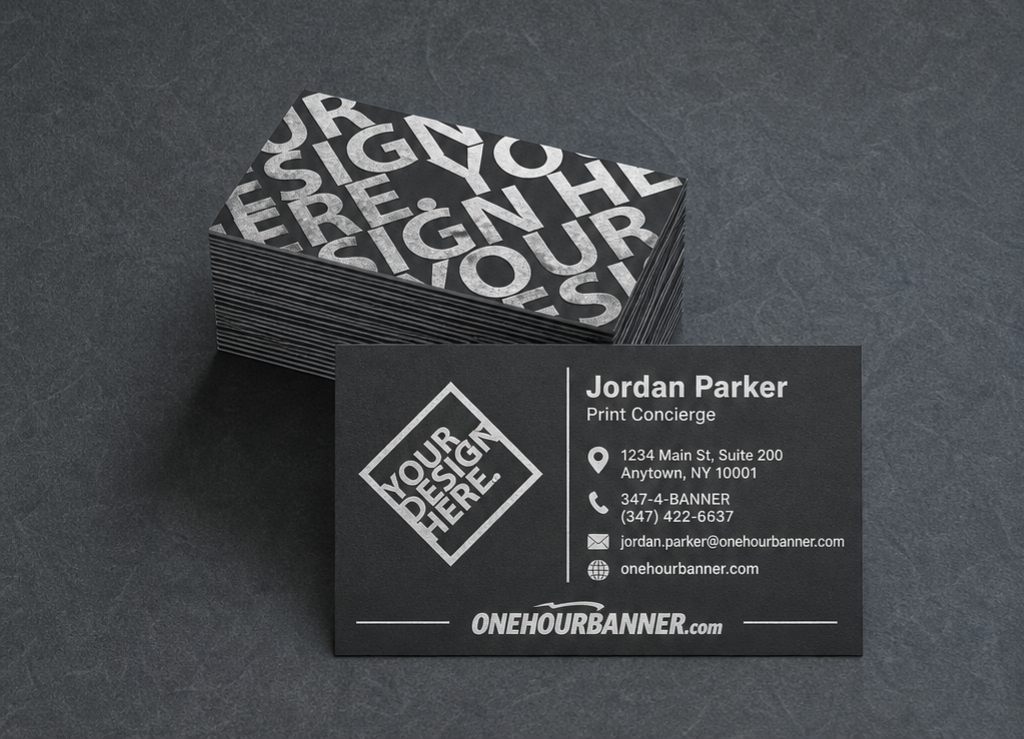 Custom black business cards printed by OneHourBanner — 16pt cardstock