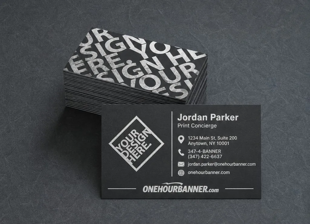 Custom black business cards printed by OneHourBanner — 16pt cardstock