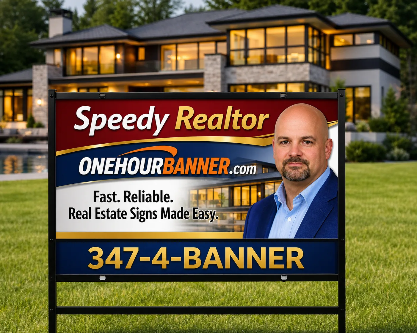 Custom realtor panel sign with agent photo — same-day printing and overnight delivery from OneHourBanner.com