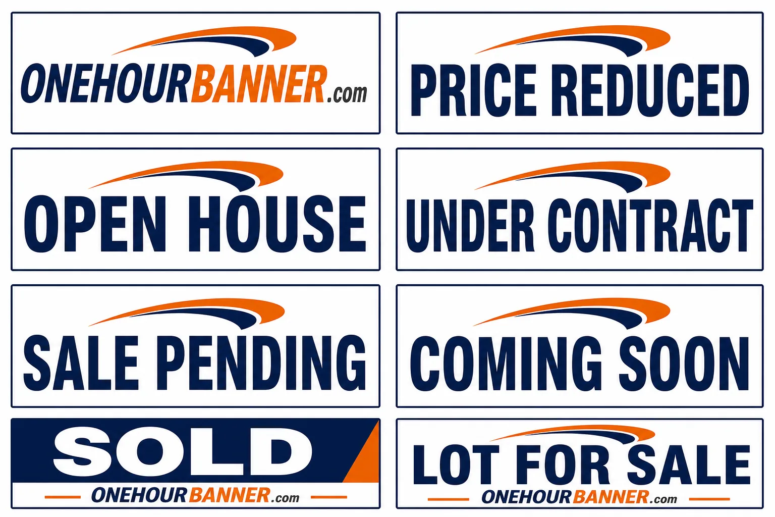 Realtor rider signs — Open House, Price Reduced, Sold, Coming Soon — custom printed overnight by OneHourBanner.com